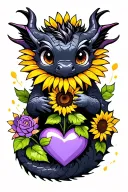 cute black dragon holding onto purple heart sunflower growing tattoo design idea