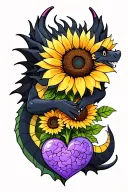 cute black dragon holding onto purple heart sunflower growing tattoo design idea
