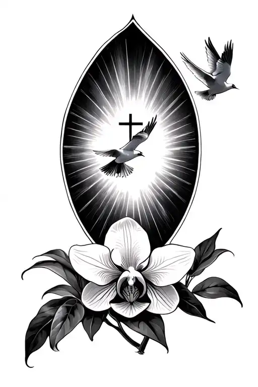 Christian theme, orchid, light rays, and doves flying tattoo design idea