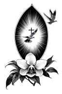 Christian theme, orchid, light rays, and doves flying tattoo design idea
