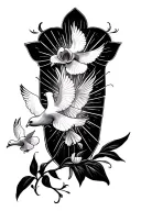 Christian theme, orchid, light rays, and doves flying tattoo design idea