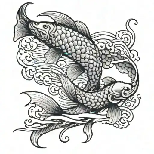koi fish with waves and 3 Chinese symbol going vertical tattoo design idea
