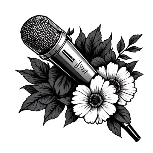 microphone with inatials JW surrounded by July birth flower tattoo design idea