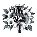 microphone with inatials JW surrounded by July birth flower tattoo design idea