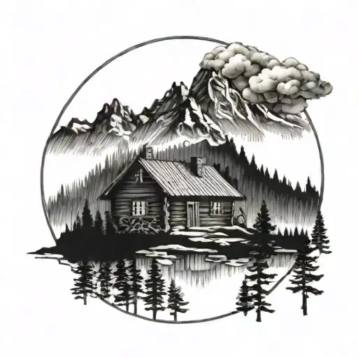 A detailed blackwork tattoo of a majestic mountain landscape with a log cabin nestled in the woods tattoo design idea