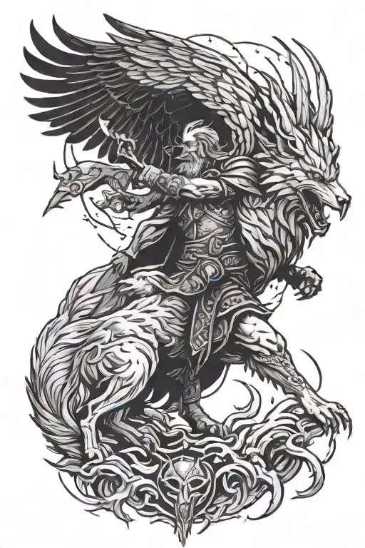 Odin with ravens and lightning storm fight wolf fenrir tattoo design idea