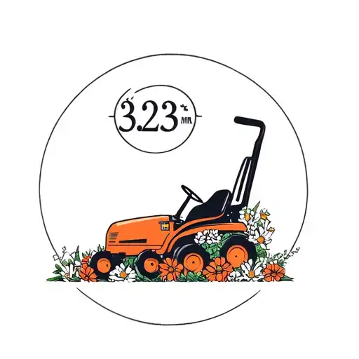 lawn mower silhouette filled with "NLMB" inside and surrounded by flowers with 3/23 with a halo above the numbers tattoo design idea