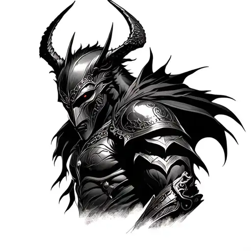 dark fantasy knight behind shadow demon tattoo design idea