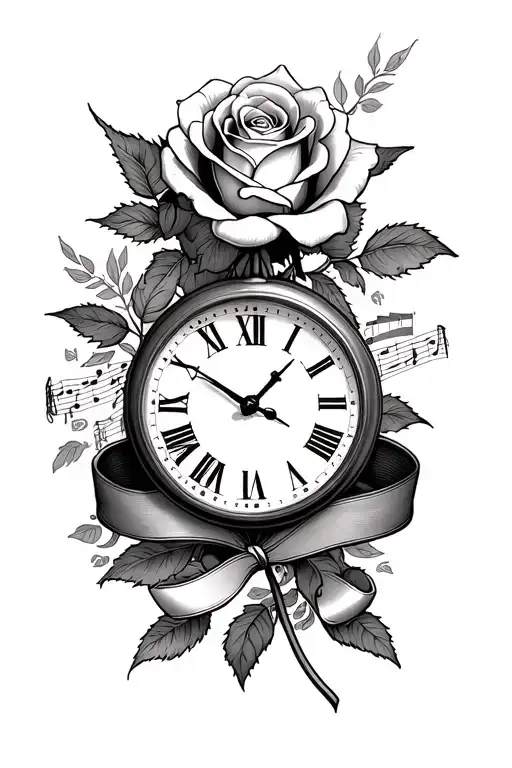 clock and rose with ribbons with my grandfather's dates with notes tattoo design idea
