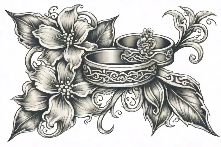 wedding date 04/24/24 silver wedding rings flowers intertwined tattoo design idea