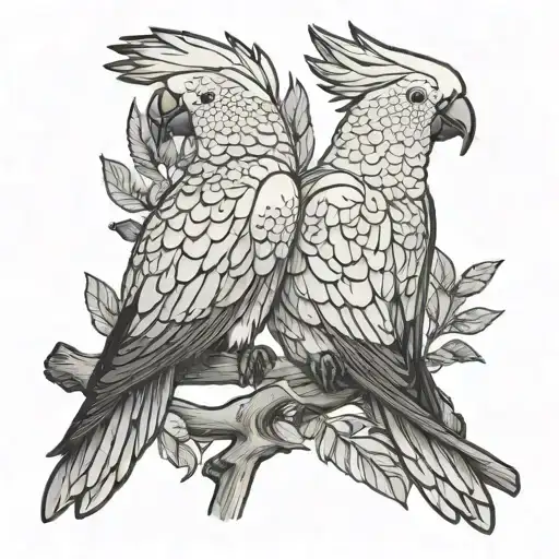 3 outline cockatoos sitting on a branch tattoo design idea