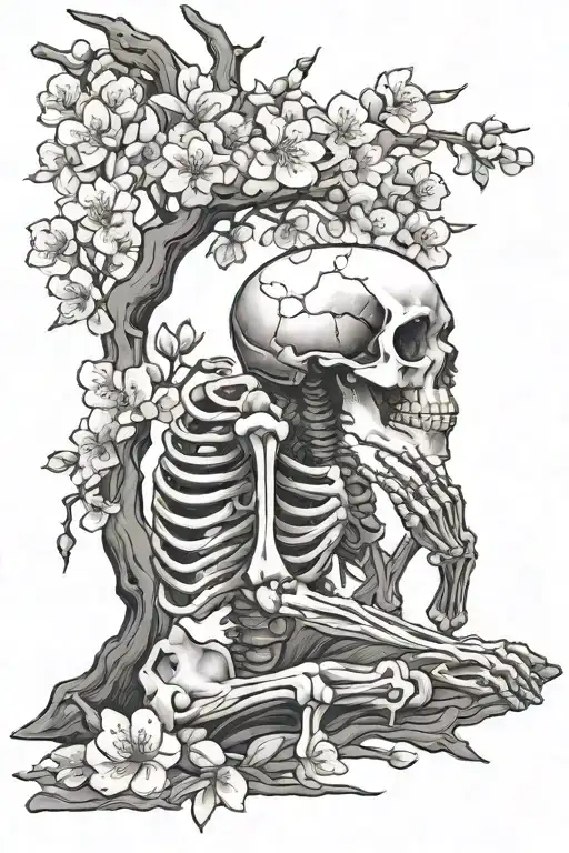 skeleton praying next to a cherry blossom tree tattoo design idea