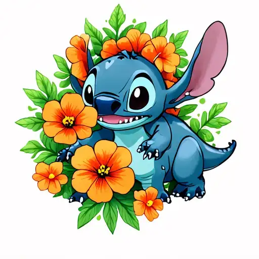 Stitch and dinosaur with nasturtium flowers tattoo design idea