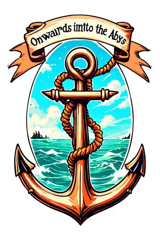 Anchor with banner saying Onwards into the Abyss tattoo design idea