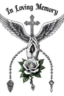 "In Loving Memory" Praying Hands, Rosary beads intertwined with cross, Wings, Realism, Rose tattoo design idea