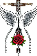 "In Loving Memory" Praying Hands, Rosary beads intertwined with cross, Wings, Realism, Rose tattoo design idea
