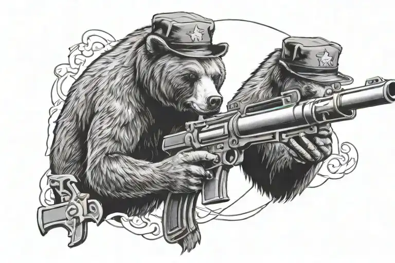 grizzly bear holding mini gun with Tri corner hat tattoo design idea