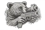 grizzly bear holding mini gun with Tri corner hat tattoo design idea