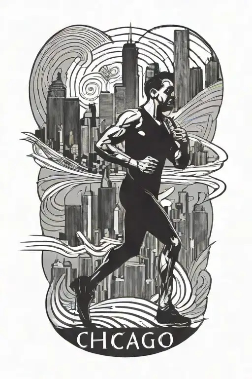 Geometric Chicago Skyline with Marathon Runner crossing finish line tattoo design idea