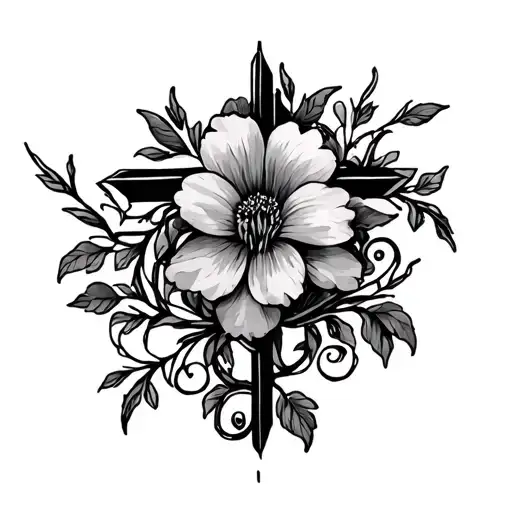 skinny cross with vines and the September month flower rapped around it  tattoo design idea