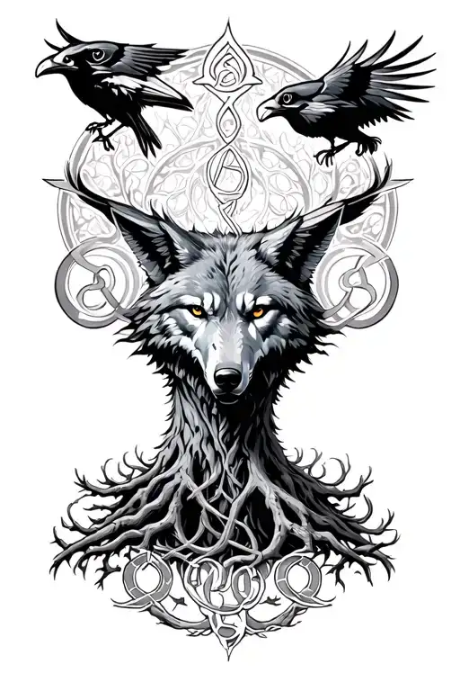 ravens sitting under wolfs head with triskelion and hangman tree growing from the wolfs head  tattoo design idea