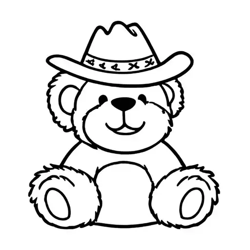 a stamp of a happy cute teddy bear with a cowboy hat sitting tattoo design idea