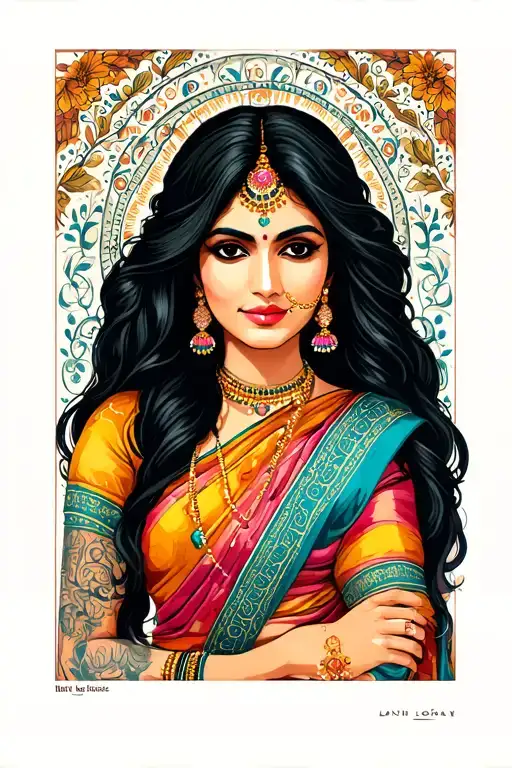 south Asian woman with long black hair wearing sari modern with attitude tattoo design idea
