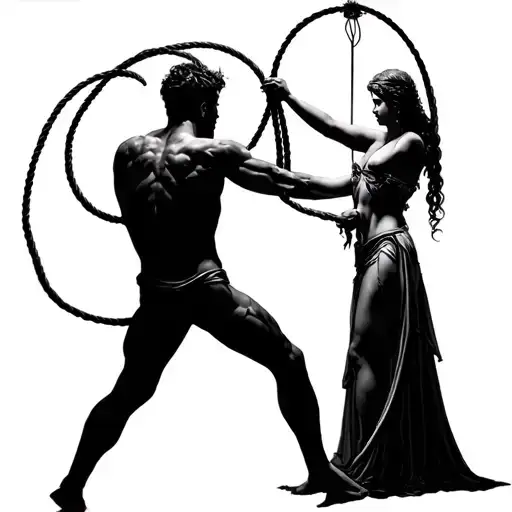 full body Silhouette of a male in a dongeon being tortured by a goddess dominatrix with whips tattoo design idea