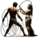 full body Silhouette of a male in a dongeon being tortured by a goddess dominatrix with whips tattoo design idea