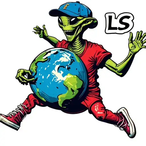 alien in big hightop shoes with baseball cap saying LS dancing with earth globe  tattoo design idea