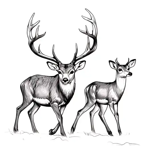 whitetail buck and baby doe walking tattoo design idea