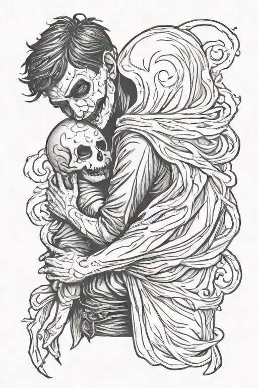 boy hugs ghost without face tattoo design idea
