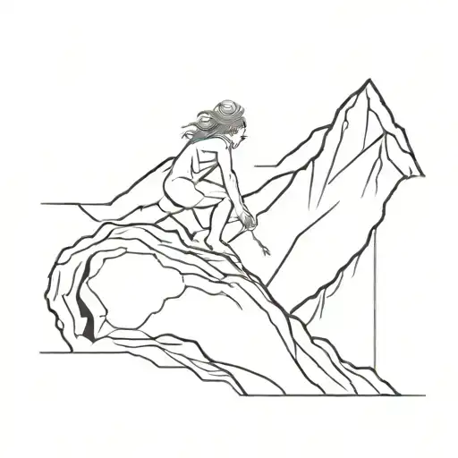 female sisyphus pushing bolder up mountain peak tattoo design idea