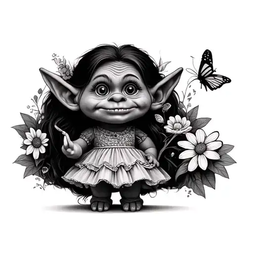 troll with big eyes and a cute face in a dress holding a flower and butterfly around it fine line not so compact tattoo design idea
