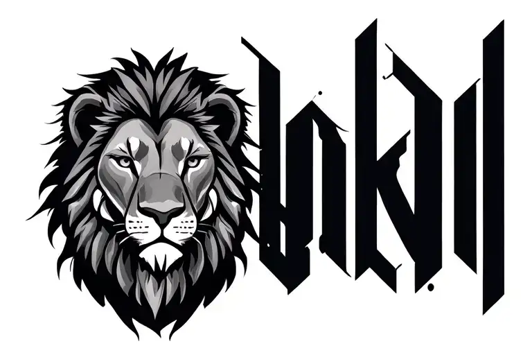 a minimalist lion's head in Fine line and the writing "[naːnə]" tattoo design idea