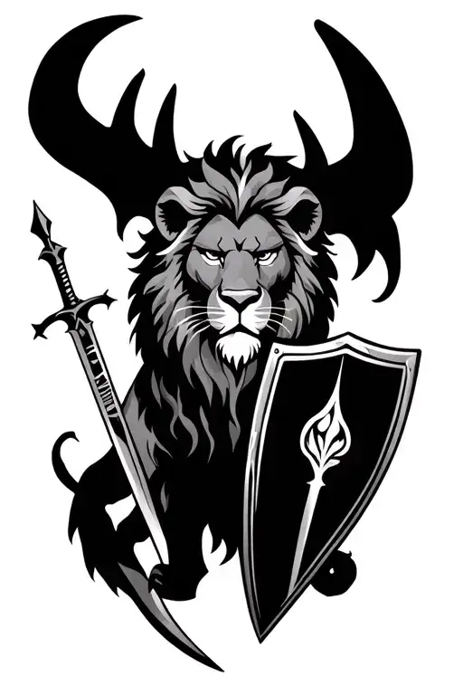 lion, sword, shield, bow and arrows, horn tattoo design idea
