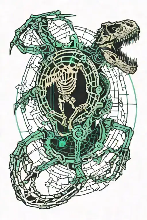 black dinosaur skeleton in black, inside a cobweb in a biomechanical style, green, blue and brown colour tattoo design idea