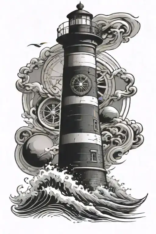 Lighthouse with a compass in the background and waves and a baner across the bottom  tattoo design idea