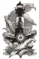 Lighthouse with a compass in the background and waves and a baner across the bottom  tattoo design idea