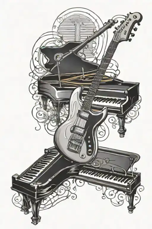 Electric guitar, piano keys, trumpet coming tattoo design idea