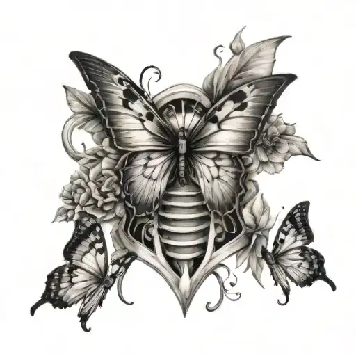 rib cage with butterflies in a out tattoo design idea