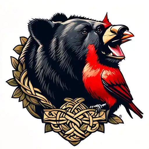 An air force-themed tattoo design with Celtic tribal patterns, featuring a Louisiana black bear and a red cardinal tattoo design idea