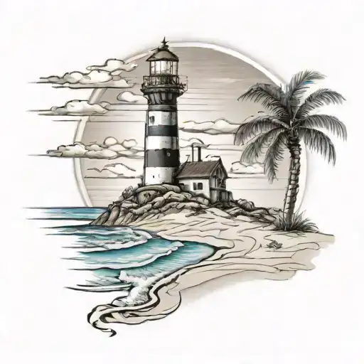 lighthouse overlooking sandy beach with footprints in the sand and palm tree tattoo design idea