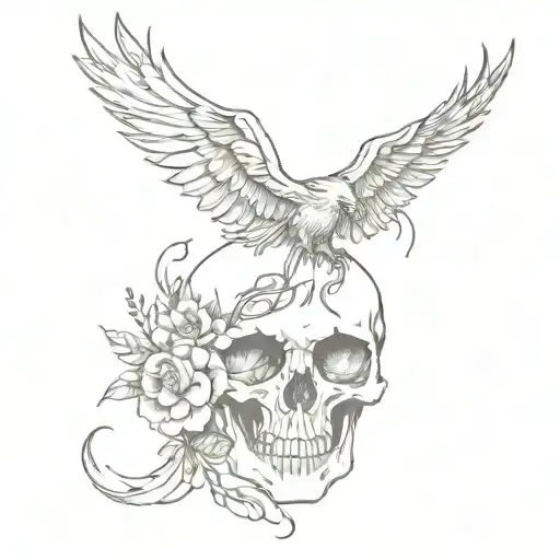 phoenix flying out of a skull with flowers intertwined tattoo design idea