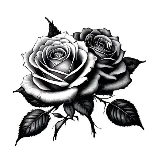 black and grey realism tattoo of two roses intertwined on the upper arm, fine line realism, minimal shading, elegant ste tattoo design idea