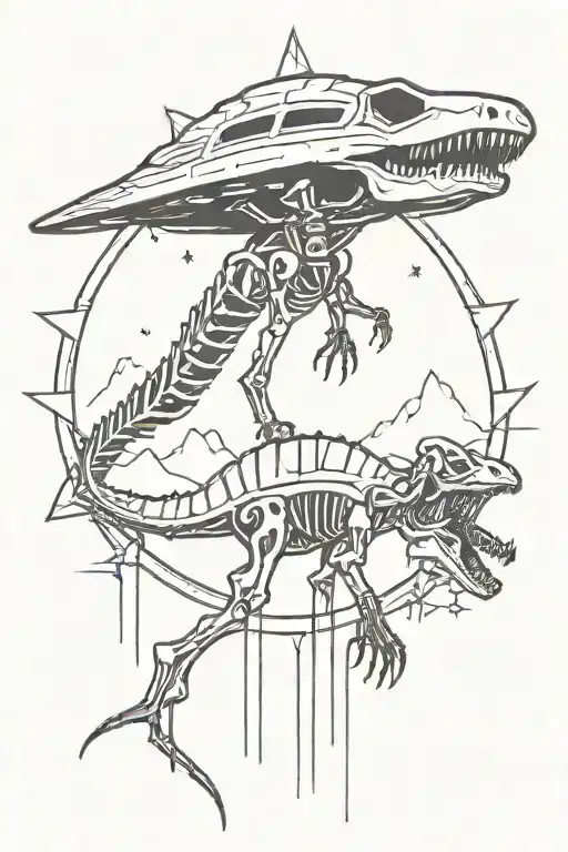 ufo and dinosaur skeleton tattoo design idea