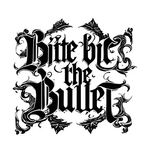 ornamental script, gothic calligraphy style, decorative, high contrast black ink strokes, saying bite the bullet tattoo design idea