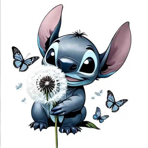 Disney character stitch holding a dandelion with butterflies tattoo design idea