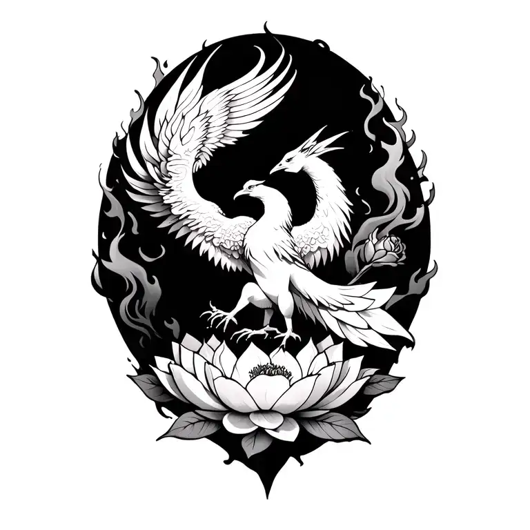 Phoenix rising from a lotus with flames behind it and roses all around tattoo design idea