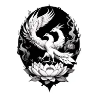 Phoenix rising from a lotus with flames behind it and roses all around tattoo design idea